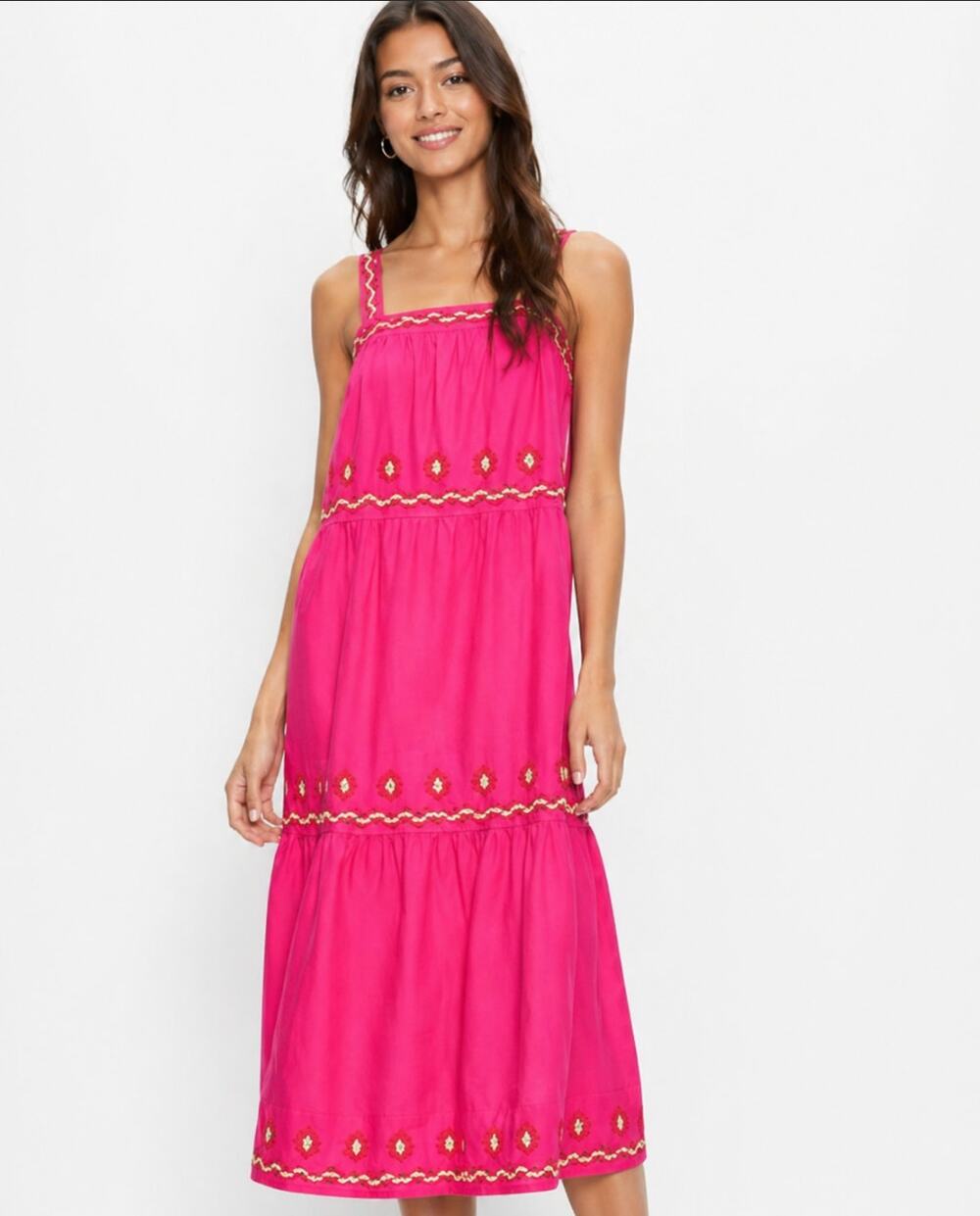LOFT Pink Embroidered Sundress Tiered Midi Sleeveless Summer XS
